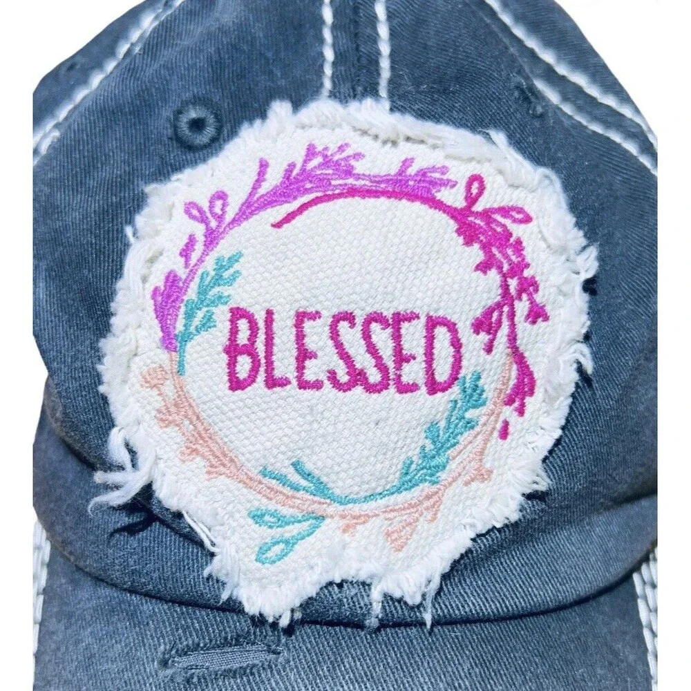 Womens Hat Cap “Blessed” Kbethos Vintage Embroidered‎ Gray Adjustable Floral - Picture 2 of 9